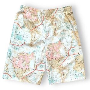 Handmade Shorts High Waisted Printed World Map Blue Pink Elastic Waist Boxer